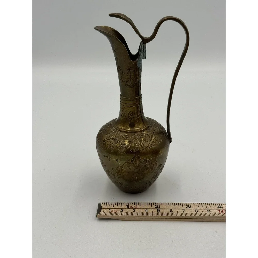 Vintage Solid Brass Miniature Pitcher Ewer Etched Floral Leaf Design Handle